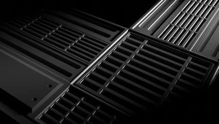 Close up steel grate corridor in dark scene 3D rendering abstract wallpaper backgroundsの写真素材