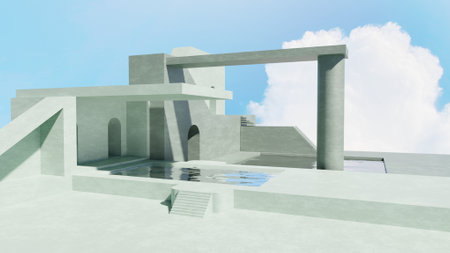 Architected side view green pool outside landscape over blue sky scene 3D rendering housing...