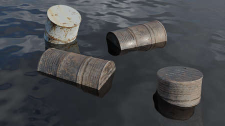 Water pollution rusty old oil tank waste scene 3D rendering nature landscape wallpaper backgrounds