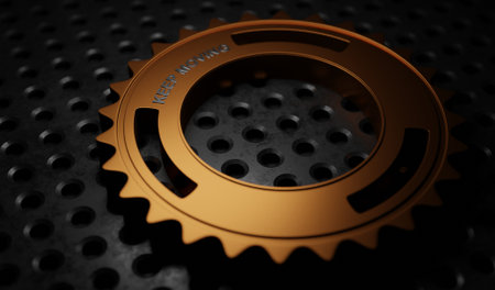 3d render gold cogwheel keep moving text business concept wallpaper backgroundsの写真素材