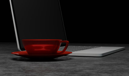 3d render red cup coffee with a laptop on metal steel texture in dark scene business concept wallpaper backgroundsの写真素材