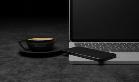 3d render close up smartphone on laptop with a black cup coffee on metal steel texture in dark scene wallpaper backgroundsの写真素材