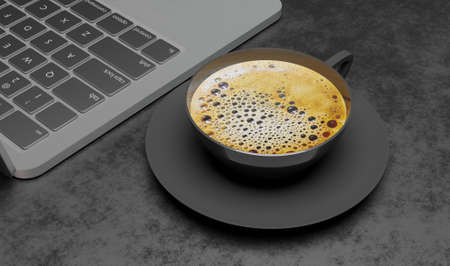 3d render gray color cup coffee on metal texture in dark scene business concept wallpaper...