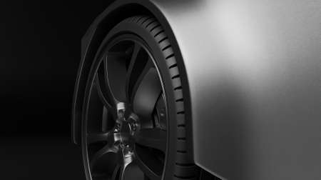 Close up metallic wheel SUV car model in dark scene 3D rendering vehicle wallpaper backgroundsの写真素材