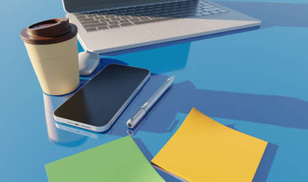 Business work tool on blue table 3D rendering office desk wallpaper backgrounds