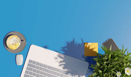 Close up laptop business concept on a blue desk scene 3D rendering wallpaper backgroundsの写真素材