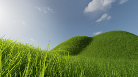 Green meadow in summer nature landscape scene 3D rendering wallpaper backgroundsの写真素材