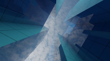 Blue glass window modern building 3D rendering architecture wallpaper backgroundsの写真素材