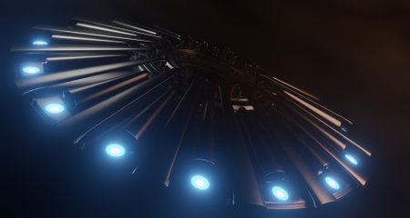 Abstract steel lighting motion on a black scene 3D rendering sci-fi wallpaper backgroundsの写真素材