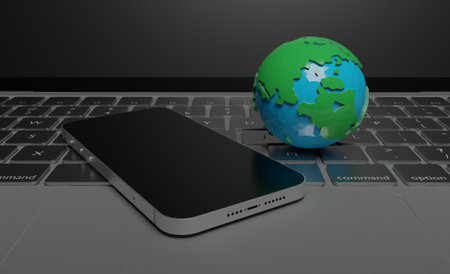 Low poly global with smartphone on keyboard business concept scene 3D rendering wallpaper...