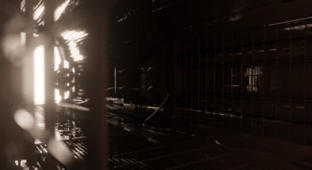 Corridor grating tunnel lighting in dark scene 3D rendering laboratory industrial wallpaper backgroundsの写真素材