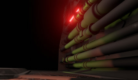 Side view pipe metal control room interior scene 3D rendering sci-fi wallpaper backgrounds