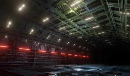 Sci-fi laboratory underground control room with lighting motion in dark scene 3D rendering...