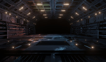 Central laboratory corridor metal grate with lighting in dark scene 3D rendering sci-fi architected...