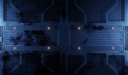 Metal grating pathway blue lighting interior in dark scene 3D rendering architected sci-fi wallpaper...