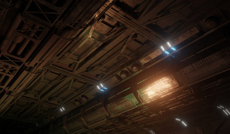 A science fiction control room interior scene 3D rendering architecture underground wallpaper backgroundsの写真素材