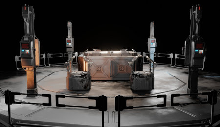 3d render computer control room interior in dark scene science fiction wallpaper backgrounds