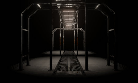View of metal bridge corridor with pipe lines under floor 3d rendering sci-fi wallpaper background