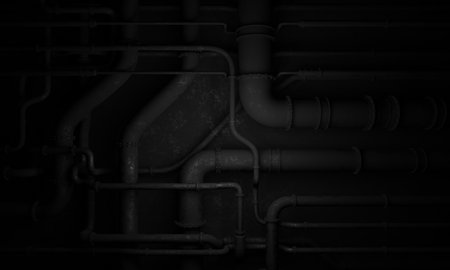 View of steel pipeline in dark scene 3d rendering military base science fiction wallpaper background