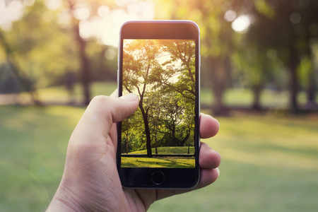 Man uses his Mobile Phone outdoor, close up, Take a photo by mobile in the park. capture the moment by a smart phone in my hands.の写真素材
