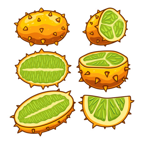 Horned melons, shown in slices from different angles, are ideal for educational materials and presentations.のイラスト素材