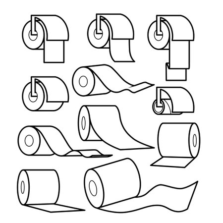 Minimalist flat icons of paper rolls (toilet paper, receipts, blueprints, etc.). Bold, scalable, ideal for print or digital designs related to printing, hygiene, office, or construction.のイラスト素材