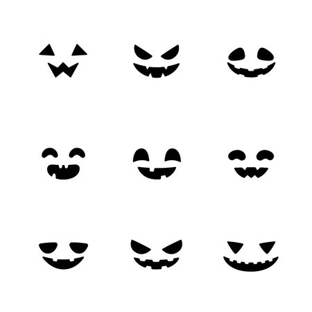 A minimalist set of pumpkin face silhouettes featuring varied spooky expressions, perfect for crafting, carving templates, and Halloween graphic elements.のイラスト素材