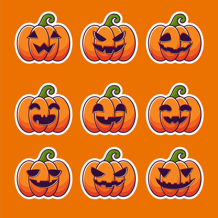 A cheerful collection of pumpkin icons featuring expressive jack-o'-lantern faces with bold white outlines. Each illustration captures a playful Halloween mood with bright orange tones, making this set ideal for seasonal designs, stickers, digital decorations, and festive graphic projects.のイラスト素材
