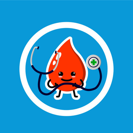 Illustration of a smiling blood drop mascot with medical stethoscope inside a circular frame promoting diabetes awareness.のイラスト素材