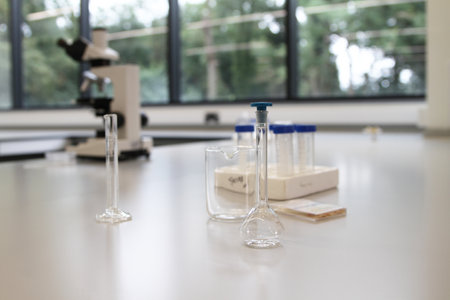 Screw Cap Plastic Test Tubes in a University Science Laboratoryの写真素材