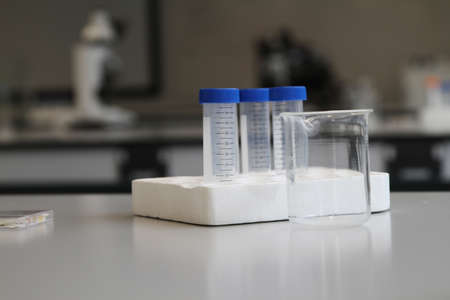 Screw Cap Plastic Test Tubes in a University Science Laboratoryの写真素材