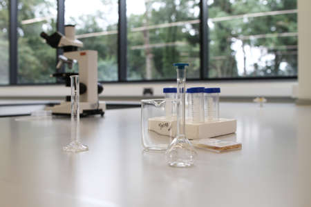 Screw Cap Plastic Test Tubes in a University Science Laboratoryの写真素材