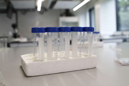 Screw Cap Plastic Test Tubes in a University Science Laboratoryの写真素材