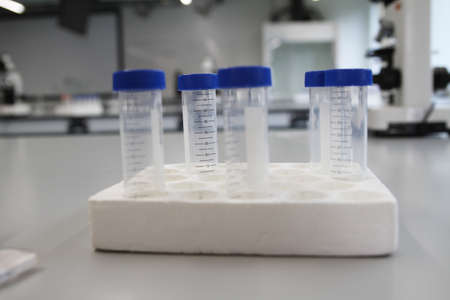 Screw Cap Plastic Test Tubes in a University Science Laboratoryの写真素材