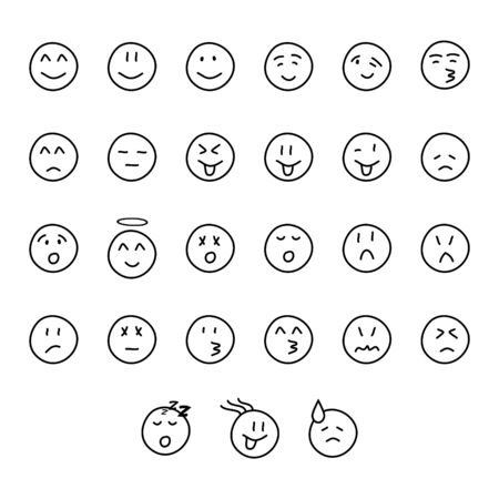 Set of hand drawn cute smiley faces with different facial expressions and emotionsのイラスト素材