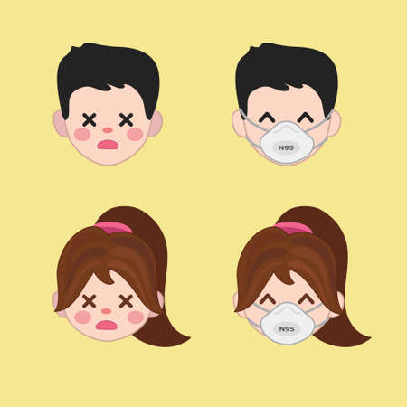 N95 mask for pm 2.5 isolated vector illustrotion. Girls and boys wear protective mask. prevention effect of air pollution for children.のイラスト素材