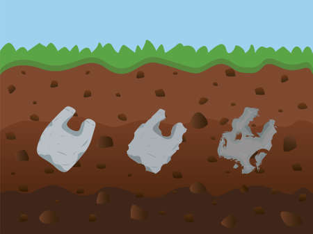 plastic gabs packaging. Pollution illustration trash under the soil Template with garbage, bags,...