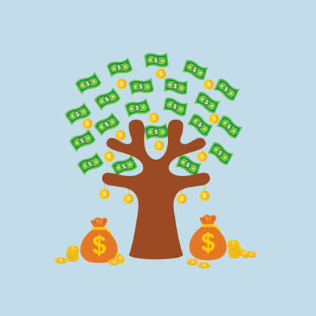 Growing money tree vector illustration cartoon. Businessman shaking tall cash tree with dollar banknotes and golden coins. Successful flying down falling on ground and business development, investmentのイラスト素材
