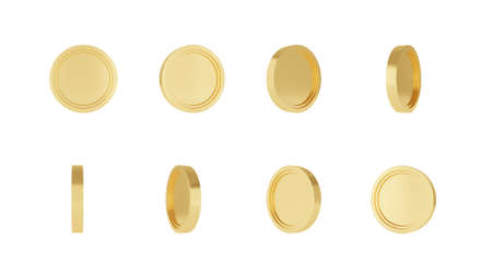 Realistic 3D gold coins spin 360 different rotation angle flip turn around collection sprite sheet animation set isolated on white backgroundの写真素材
