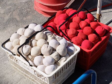 A handball used in the ball container of the athletic meet