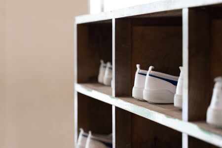 Shoe boxes and shoes from japanese elementary schoolsの写真素材