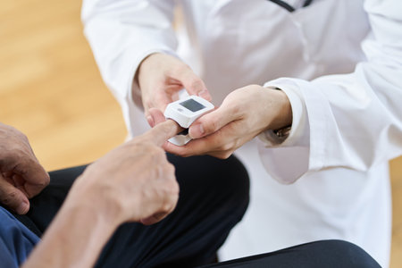 Elderly people measuring pulses with fingertips in nursing homesの写真素材