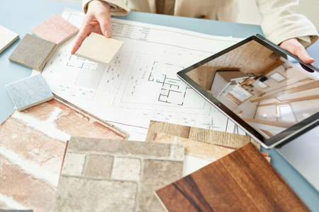 Asian interior designer thinking about home interiorの写真素材
