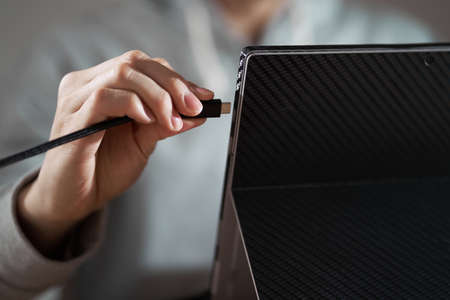 At hand of a man who transfers data