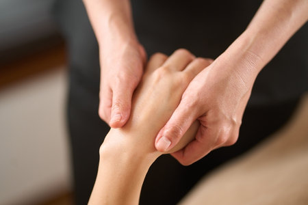 Woman receiving hand massage at beauty salonの写真素材