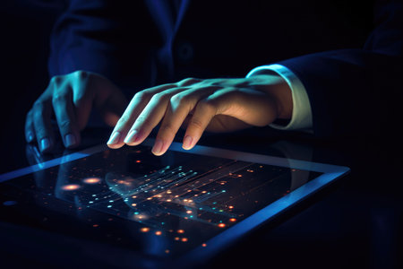 Generated AI at the hand of a businessman who analyzes data on a tabletの素材