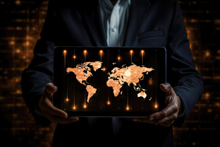 Businessman's hand holding a tablet with a red world map displayed, generated AIの素材