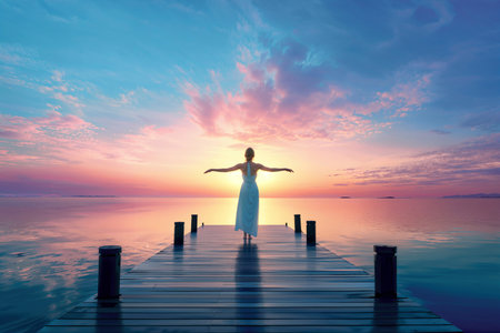 A woman who spreads her hands on the pier and feels the wind, generated AIの素材