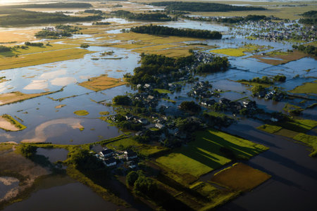 Fictional fields and farming villages devastated by floods, generation AIの素材