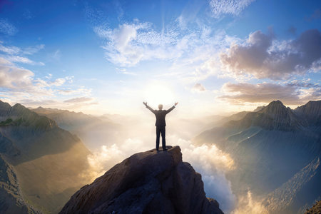 Businessman raising his hands on the top of the mountain, generated AIの素材